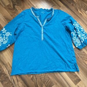 Talbots Aqua Teal Embroidered Tunic Peasant Top Sz XL Coastal Resort wear Boho